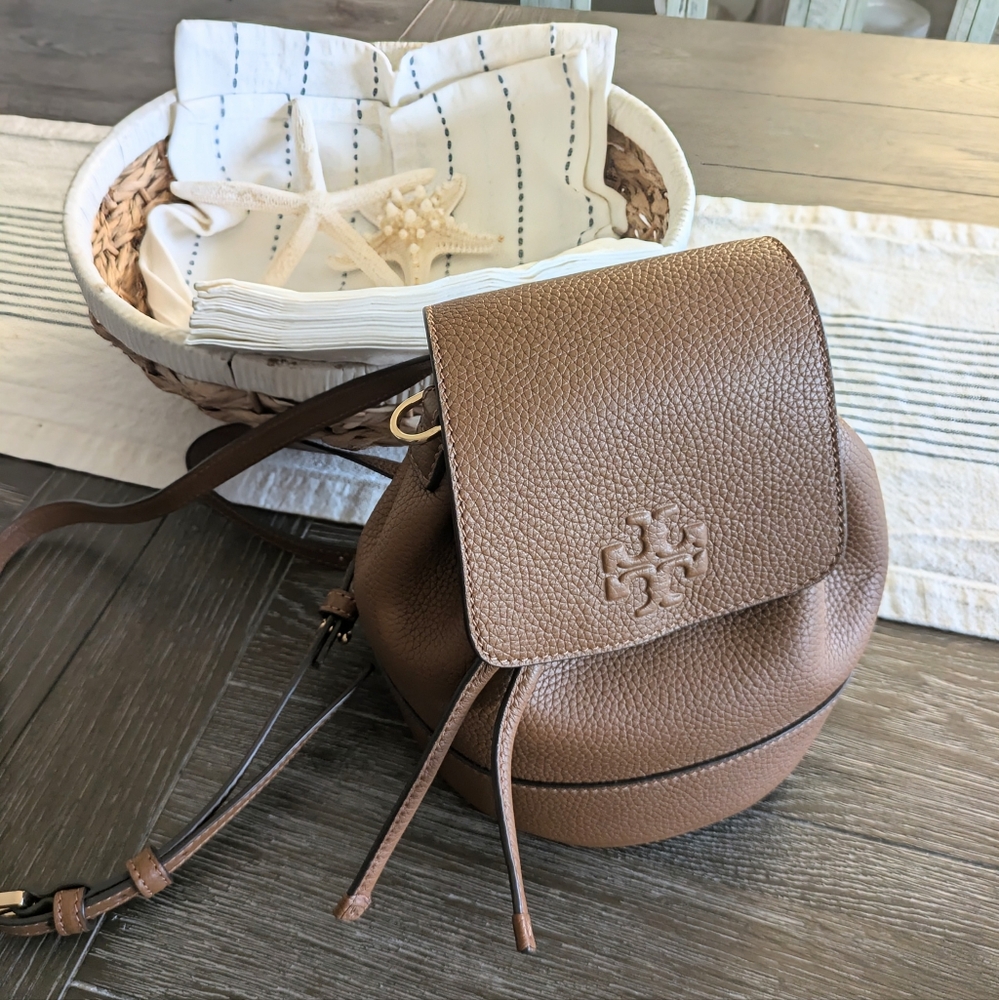 Tory Burch Thea Pebbled Leather Mini Backpack Bucket Bag